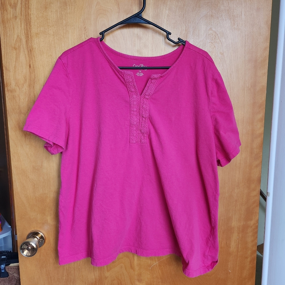 Coral Bay Vibrant Pink Lace Trim Top